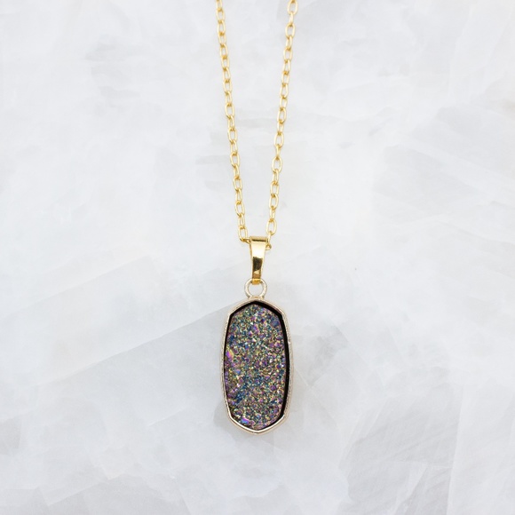 Natural Druzy Quartz Geometric Hexagon Necklace - Picture 2 of 2